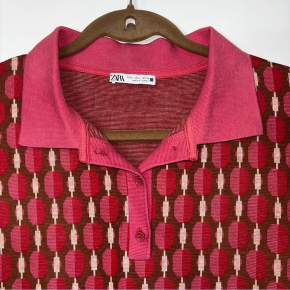 Zara Polo Sweater Women’s Large Red Pink Brown Geometric Long Sleeve Cropped - Picture 4 of 8